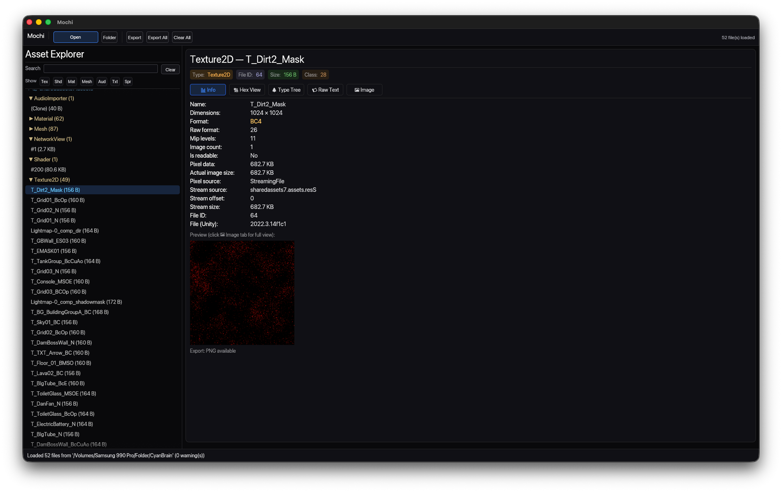 Info view showing the Unity asset list, grouped types, and detailed metadata for a selected texture.