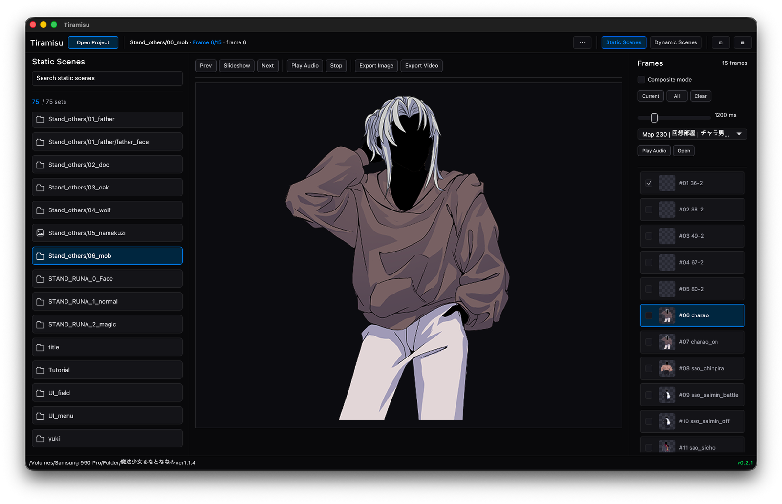 Static scenes view with grouped images and frame controls.