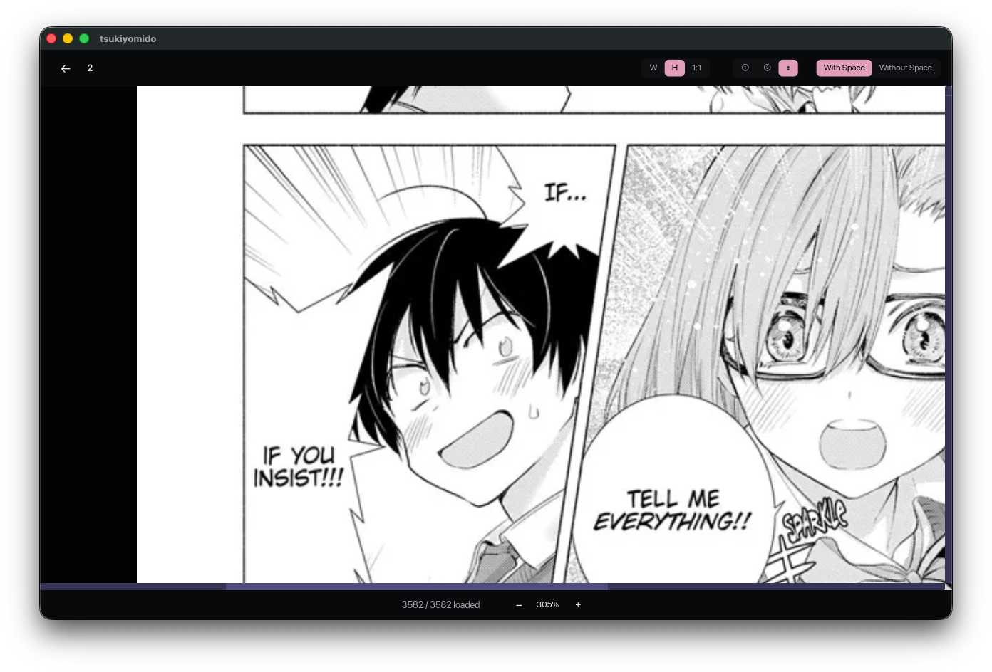 Reader zoom view showing a manga page zoomed in for closer inspection.