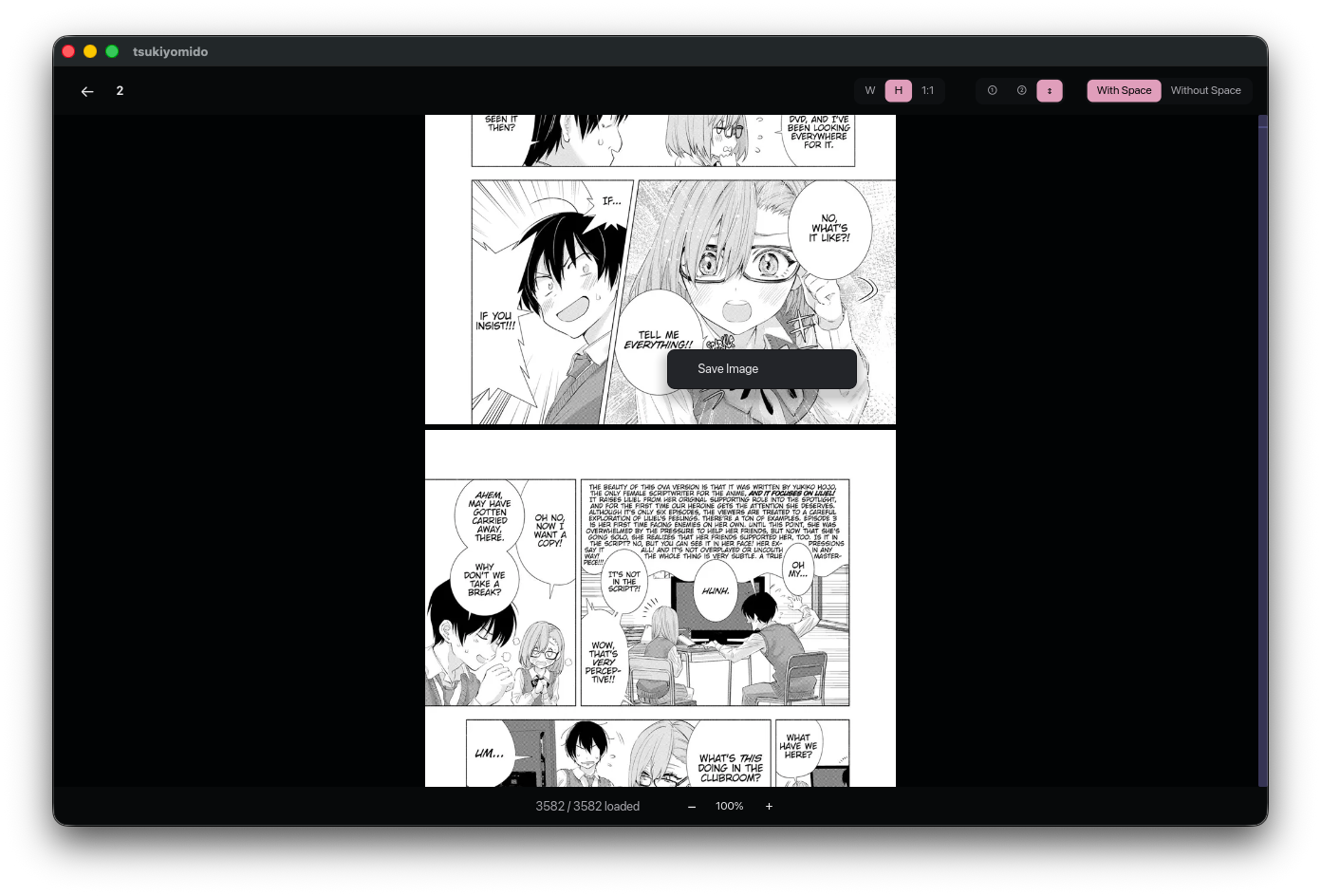 Reader context menu showing options like saving the current page image.